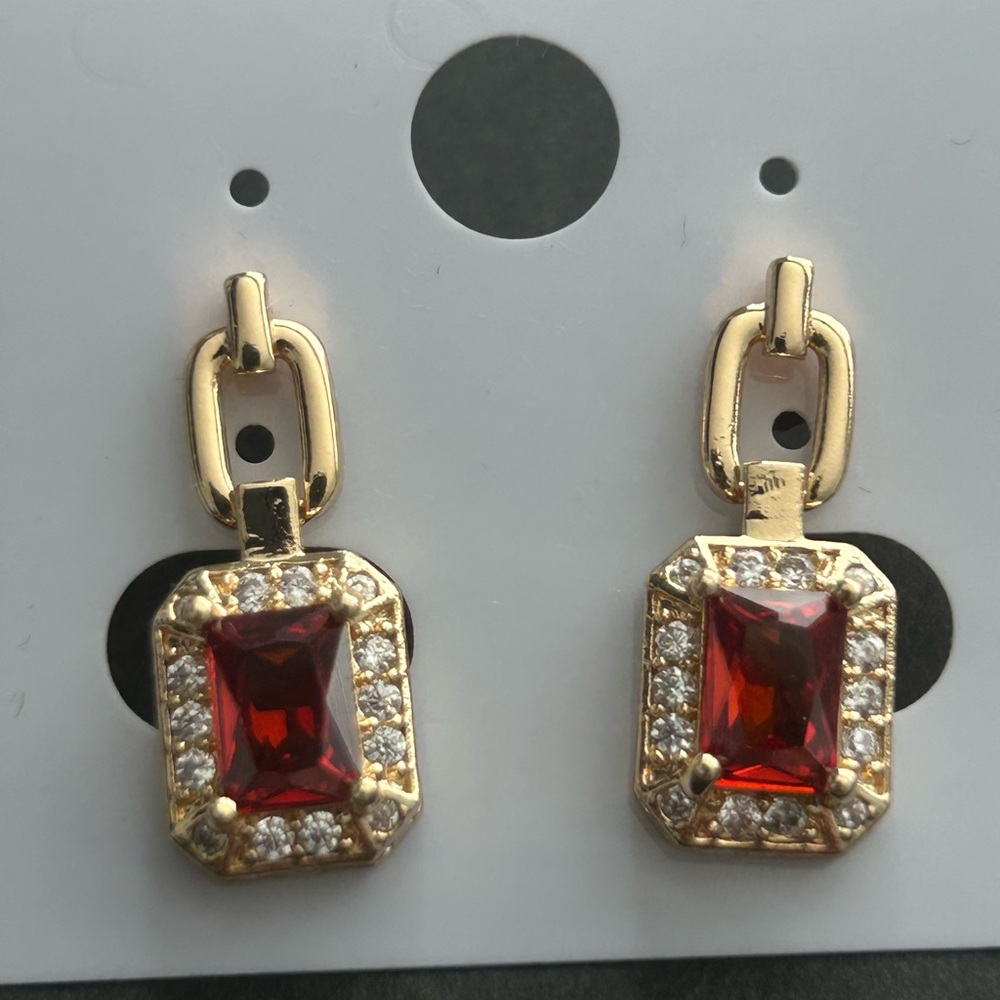 18K Gold Filled Red Emerald-Cut Drop Earrings – AAA CZ Halo – NWOT